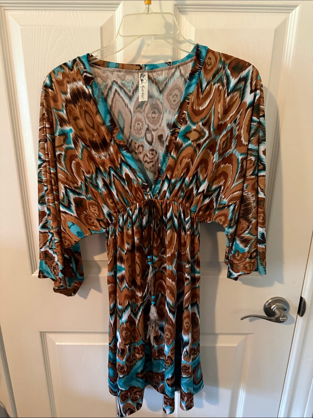 Boho V-Neck Printed Tunic Dress in Brown and Teal